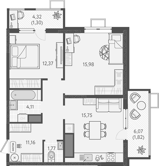 Продается 2-комн. квартира, 61.14 м²