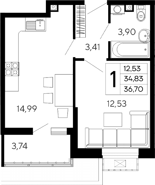 Продается 1-комн. квартира, 34.83 м²