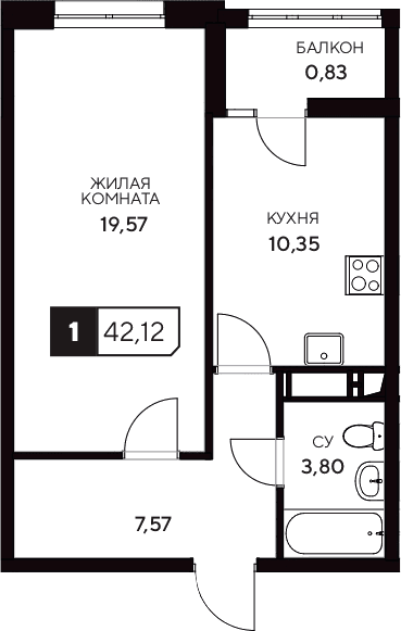 Продается 1-комн. квартира, 41.29 м²