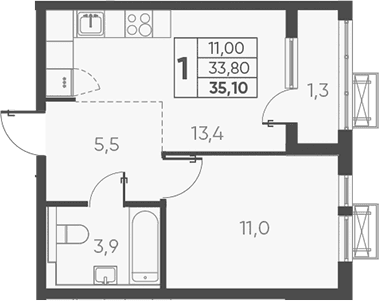 Продается 1-комн. квартира, 35.1 м²