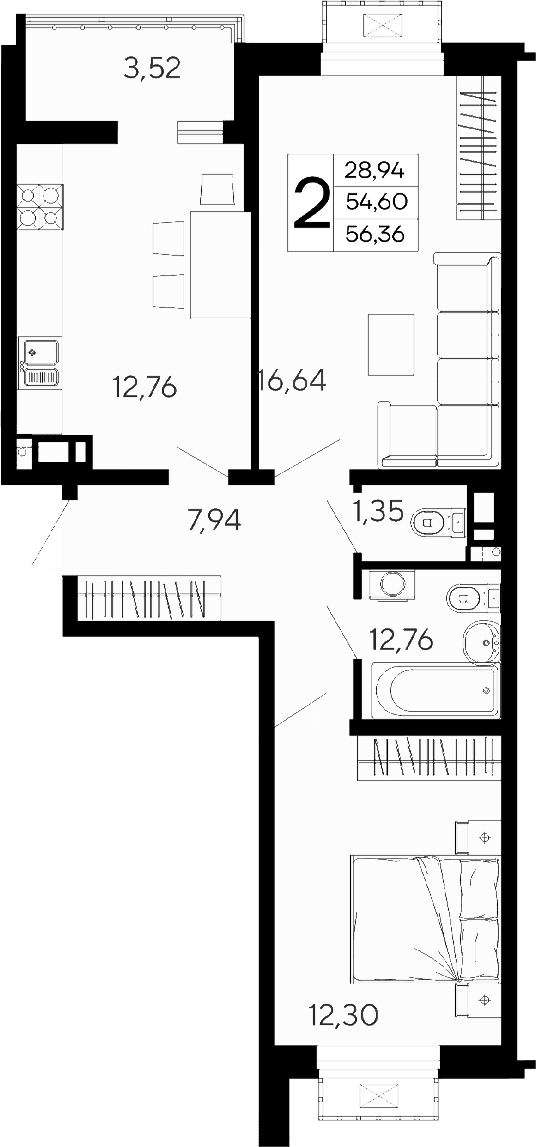 Продается 2-комн. квартира, 54.6 м²