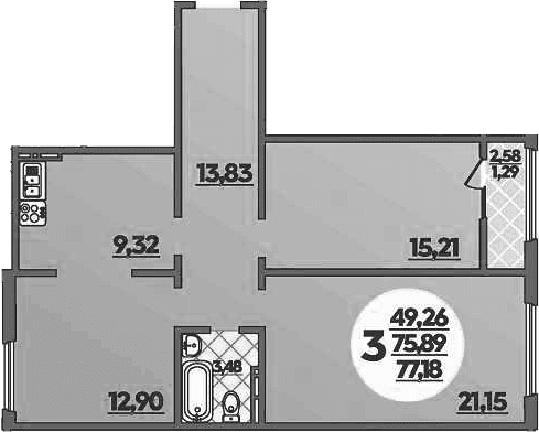 Продается 3-комн. квартира, 75.89 м²