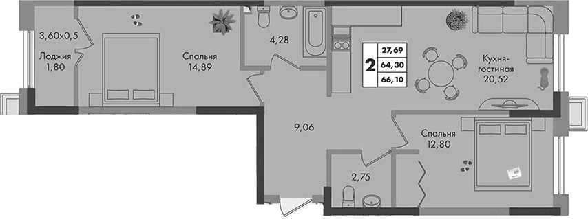Продается 2-комн. квартира, 64.3 м²