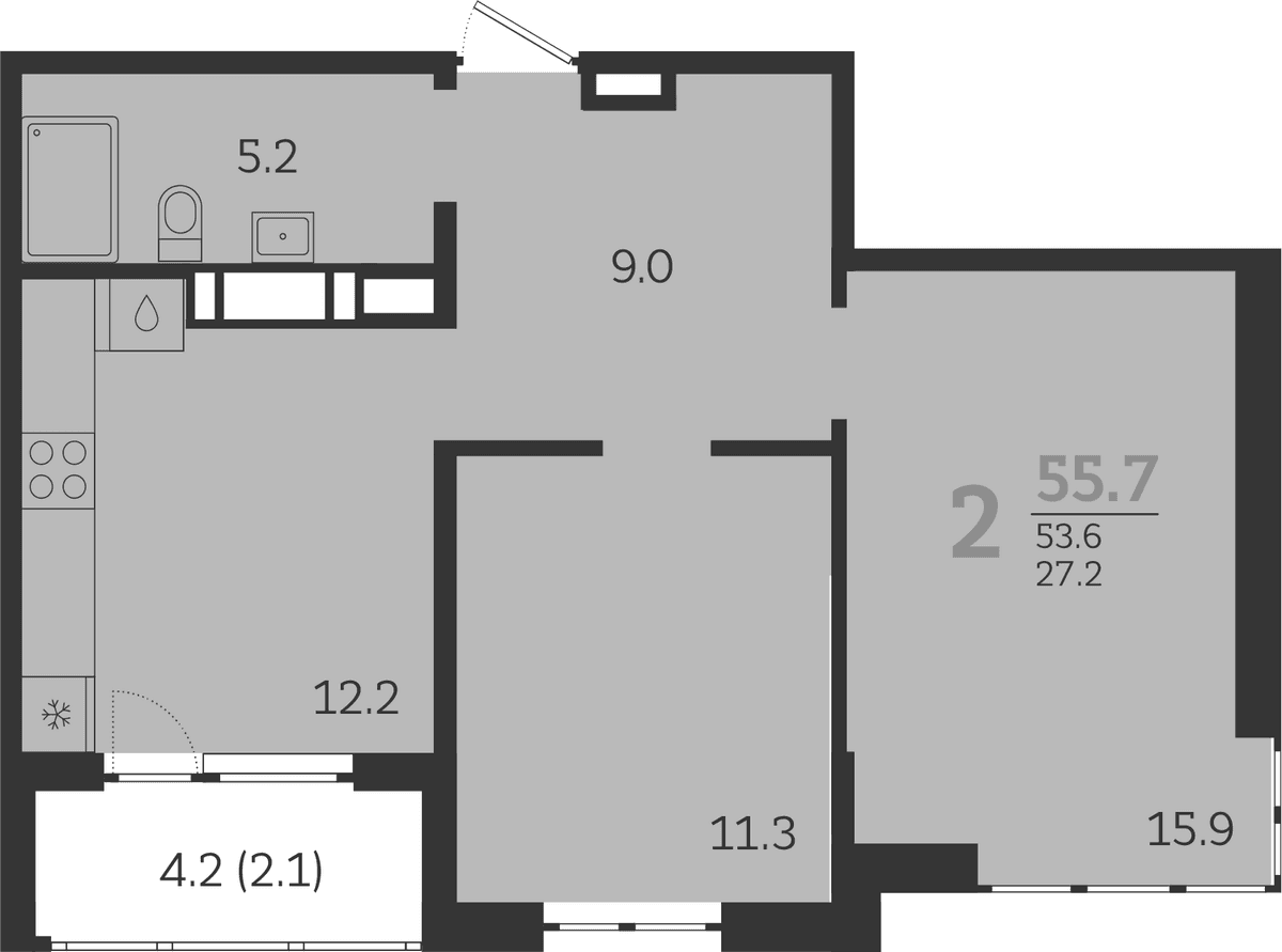 Продается 2-комн. квартира, 53.6 м²