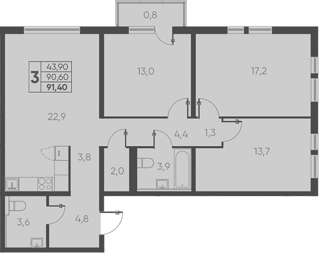 Продается 3-комн. квартира, 90.6 м²