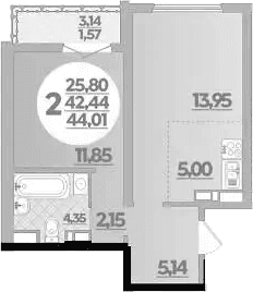 Продается 1-комн. квартира, 42.44 м²