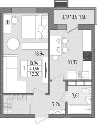 Продается 1-комн. квартира, 40.66 м²