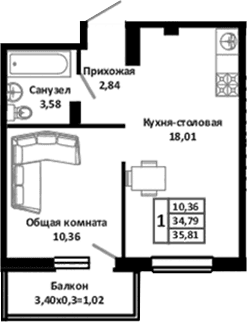 Продается 2-комн. квартира, 34.9 м²