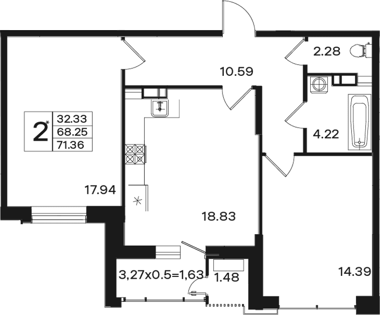 Продается 2-комн. квартира, 68.25 м²