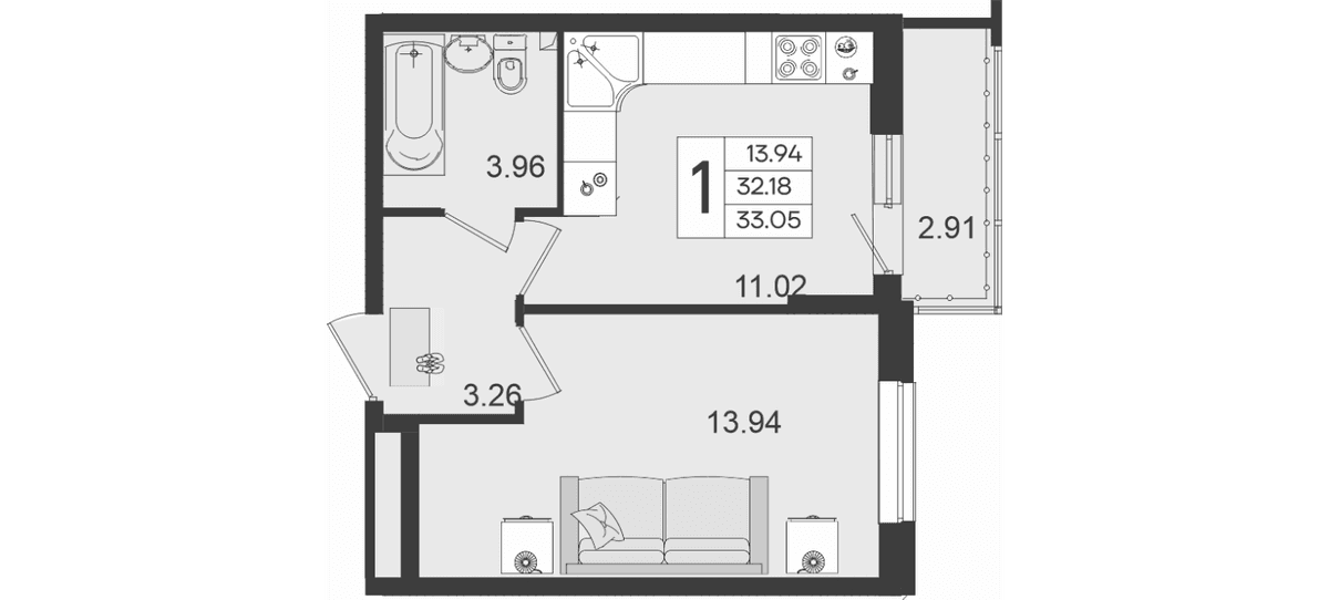 Продается 1-комн. квартира, 32.18 м²