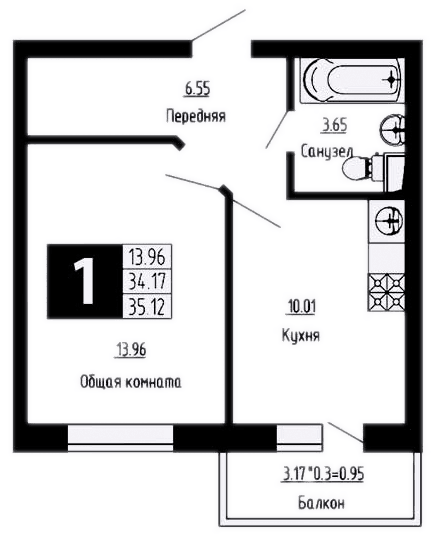 Продается 1-комн. квартира, 34.17 м²