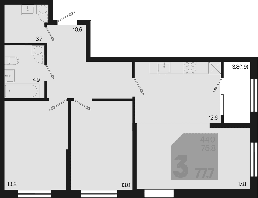 Продается 3-комн. квартира, 75.8 м²