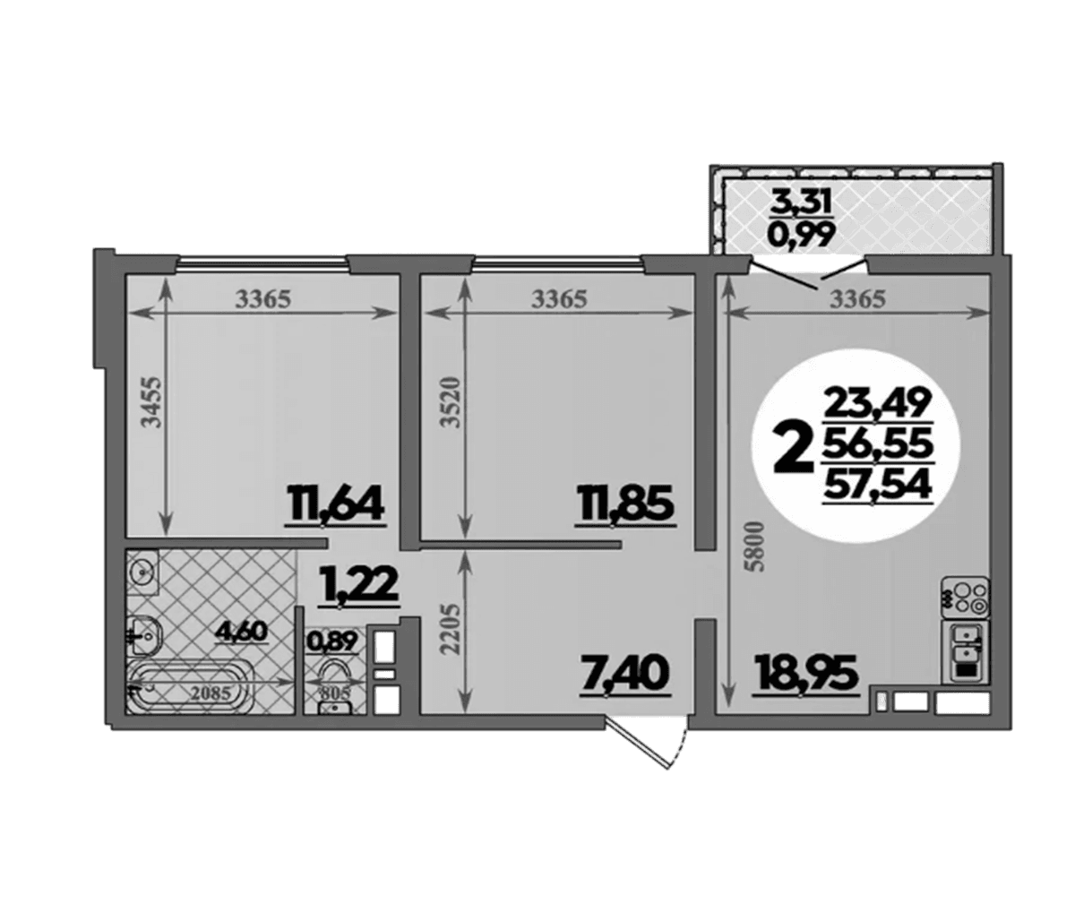 Продается 2-комн. квартира, 56.55 м²