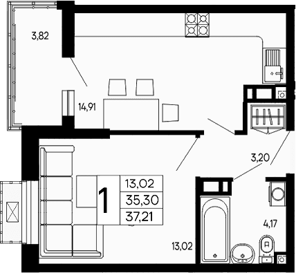 Продается 1-комн. квартира, 35.3 м²