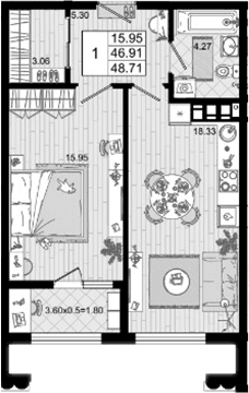 Продается 1-комн. квартира, 46.91 м²