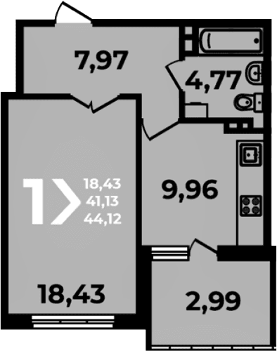 Продается 1-комн. квартира, 41.13 м²
