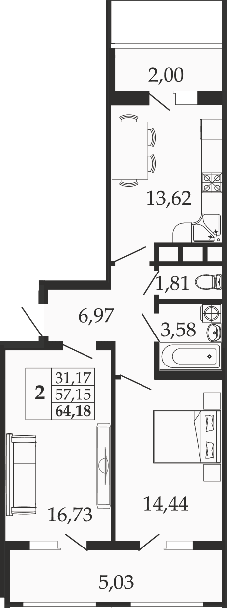 Продается 2-комн. квартира, 57.15 м²