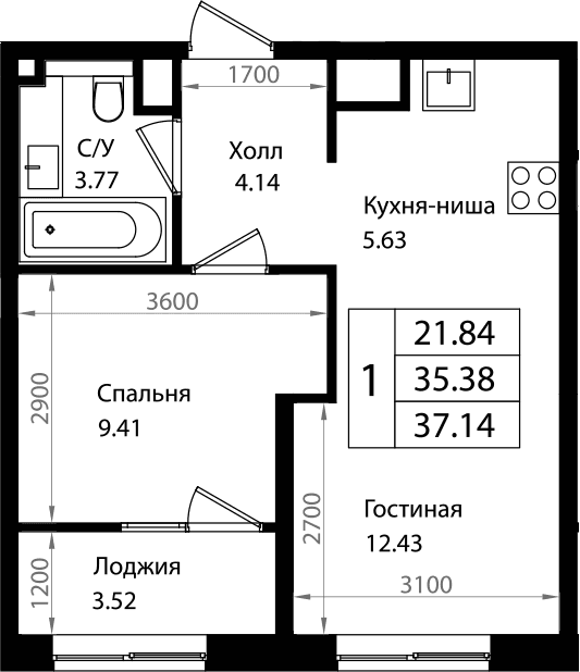 Продается 2-комн. квартира, 35.15 м²