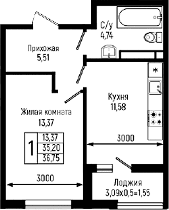 Продается 1-комн. квартира, 35.2 м²