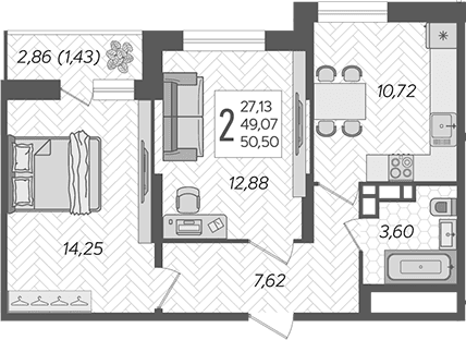 Продается 2-комн. квартира, 49.07 м²