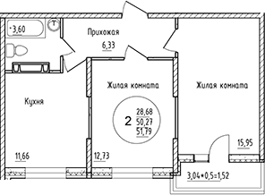 Продается 2-комн. квартира, 50.27 м²