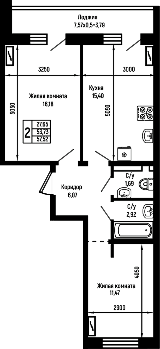 Продается 2-комн. квартира, 53.73 м²