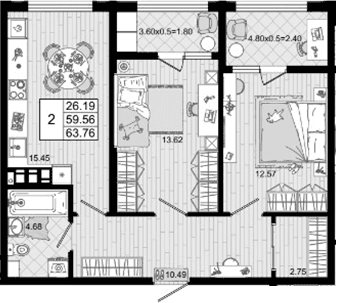 Продается 2-комн. квартира, 59.56 м²