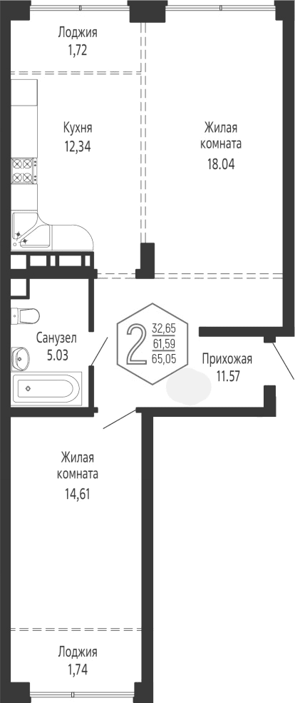 Продается 2-комн. квартира, 61.59 м²