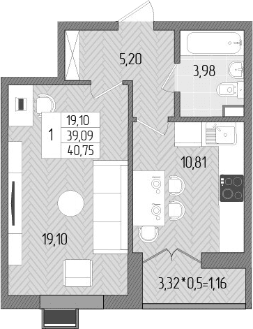 Продается 1-комн. квартира, 39.09 м²