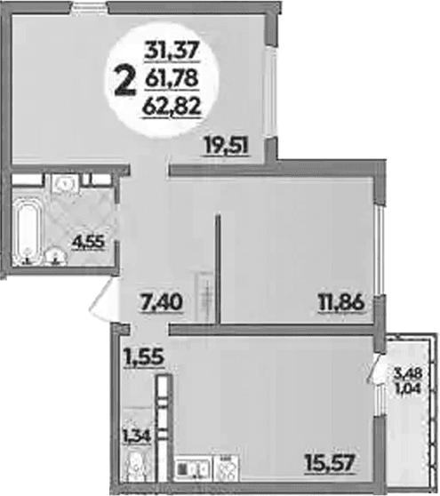 Продается 2-комн. квартира, 61.78 м²