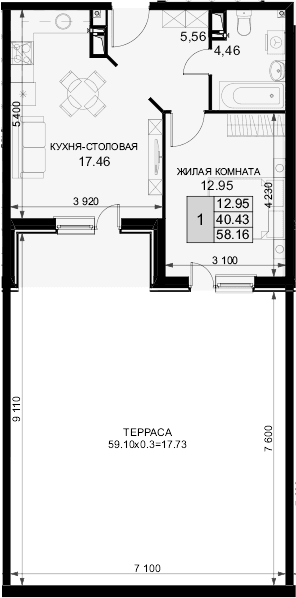 Продается 1-комн. квартира, 40.43 м²
