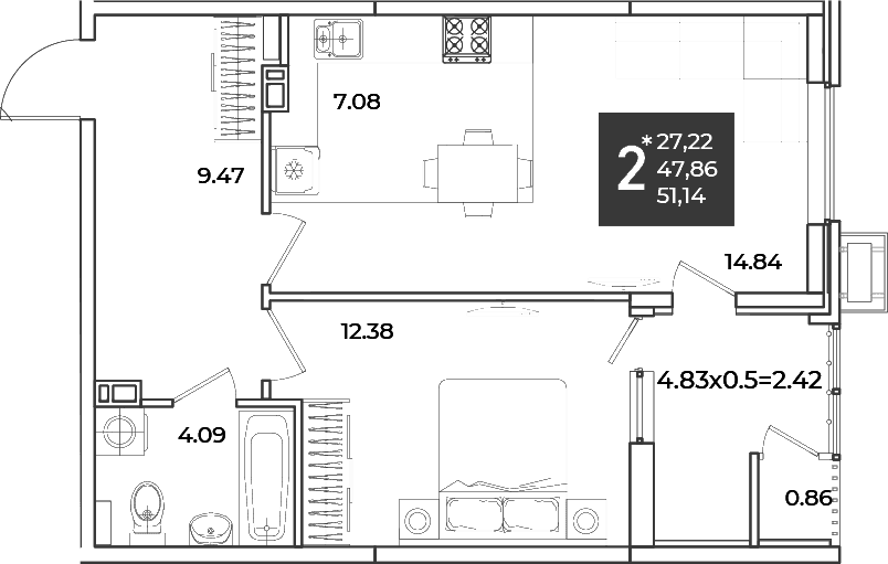 Продается 1-комн. квартира, 47.86 м²