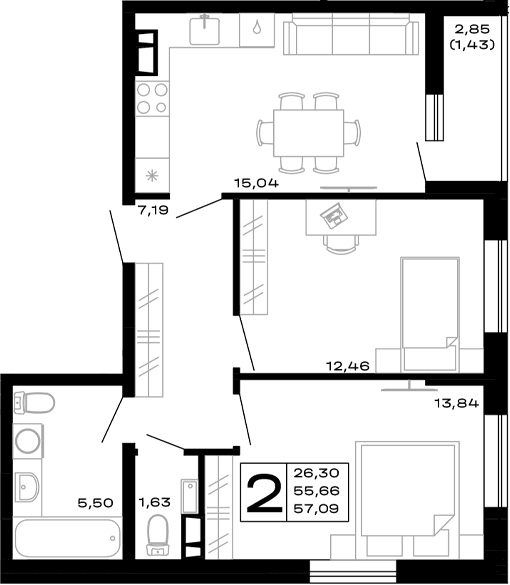 Продается 2-комн. квартира, 55.66 м²
