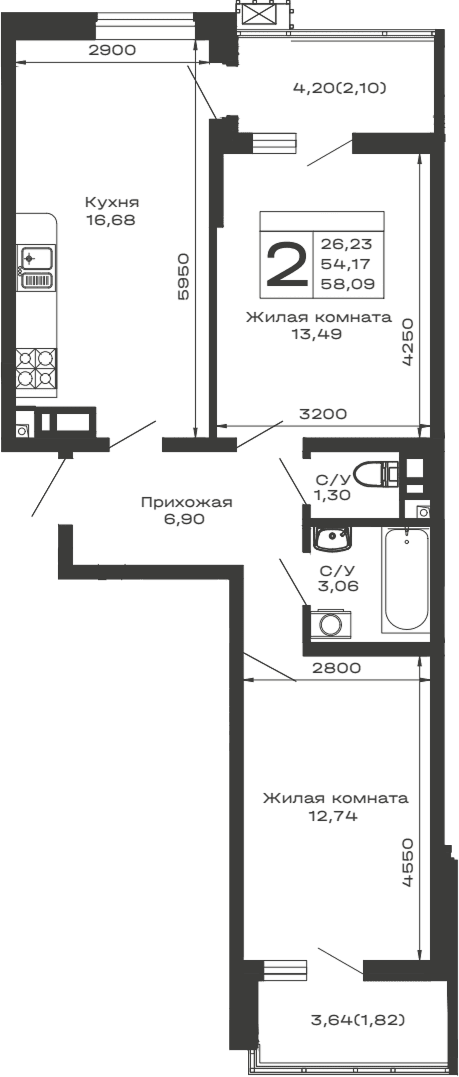 Продается 2-комн. квартира, 54.17 м²