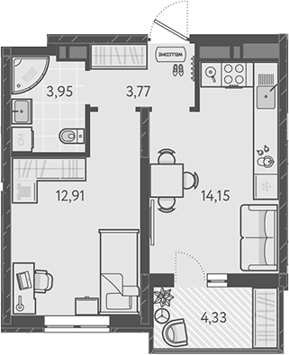 Продается 1-комн. квартира, 34.78 м²