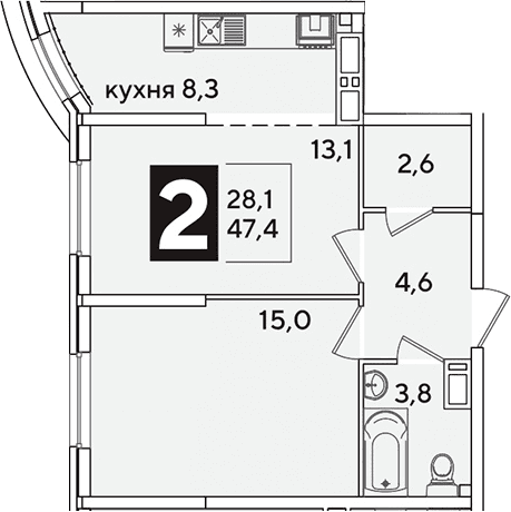 Продается 2-комн. квартира, 47.4 м²