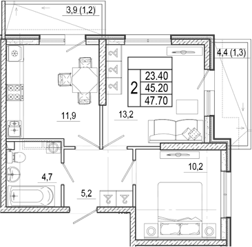 Продается 2-комн. квартира, 45.2 м²