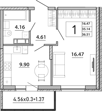 Продается 1-комн. квартира, 35.14 м²