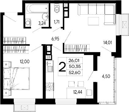 Продается 2-комн. квартира, 50.35 м²