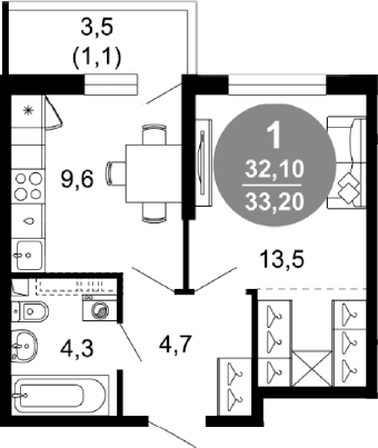 Продается 1-комн. квартира, 32.1 м²