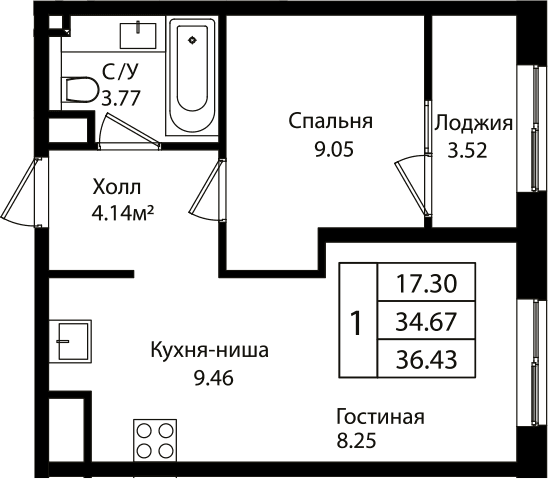 Продается 2-комн. квартира, 34.44 м²