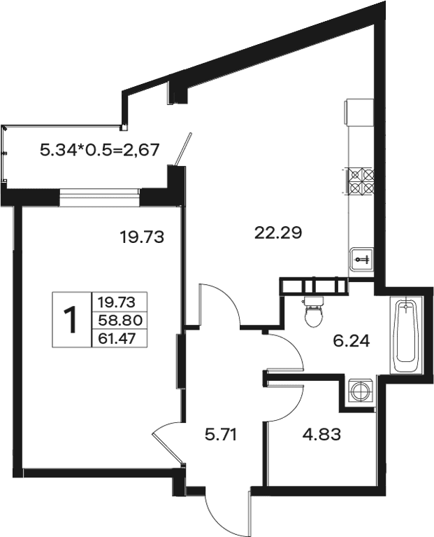 Продается 1-комн. квартира, 58.8 м²