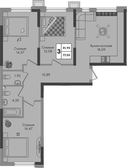 Продается 3-комн. квартира, 77.03 м²