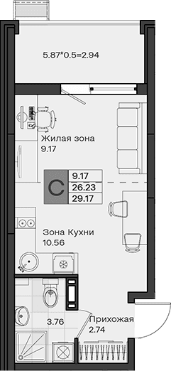 Продается 1-комн. квартира, 26.23 м²