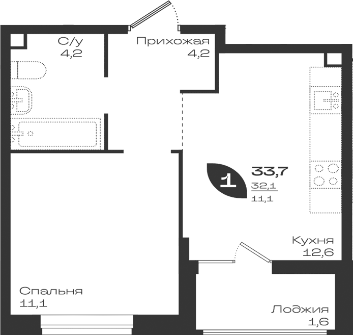 Продается 1-комн. квартира, 32.1 м²
