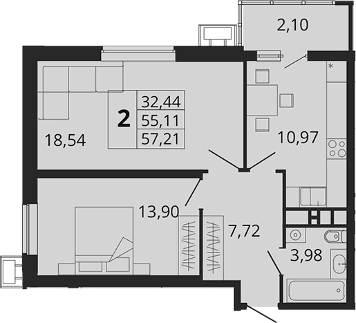 Продается 2-комн. квартира, 56.49 м²