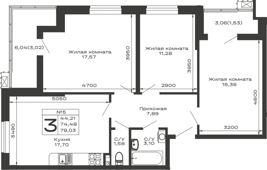 Продается 3-комн. квартира, 74.48 м²