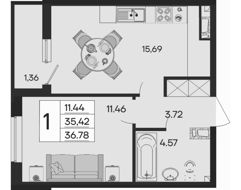 Продается 1-комн. квартира, 35.42 м²
