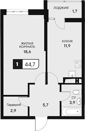 Продается 1-комн. квартира, 43 м²