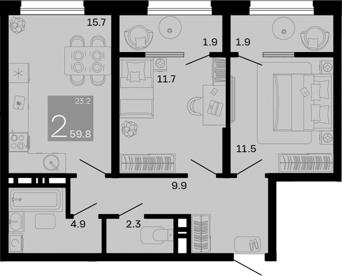 Продается 2-комн. квартира, 56 м²